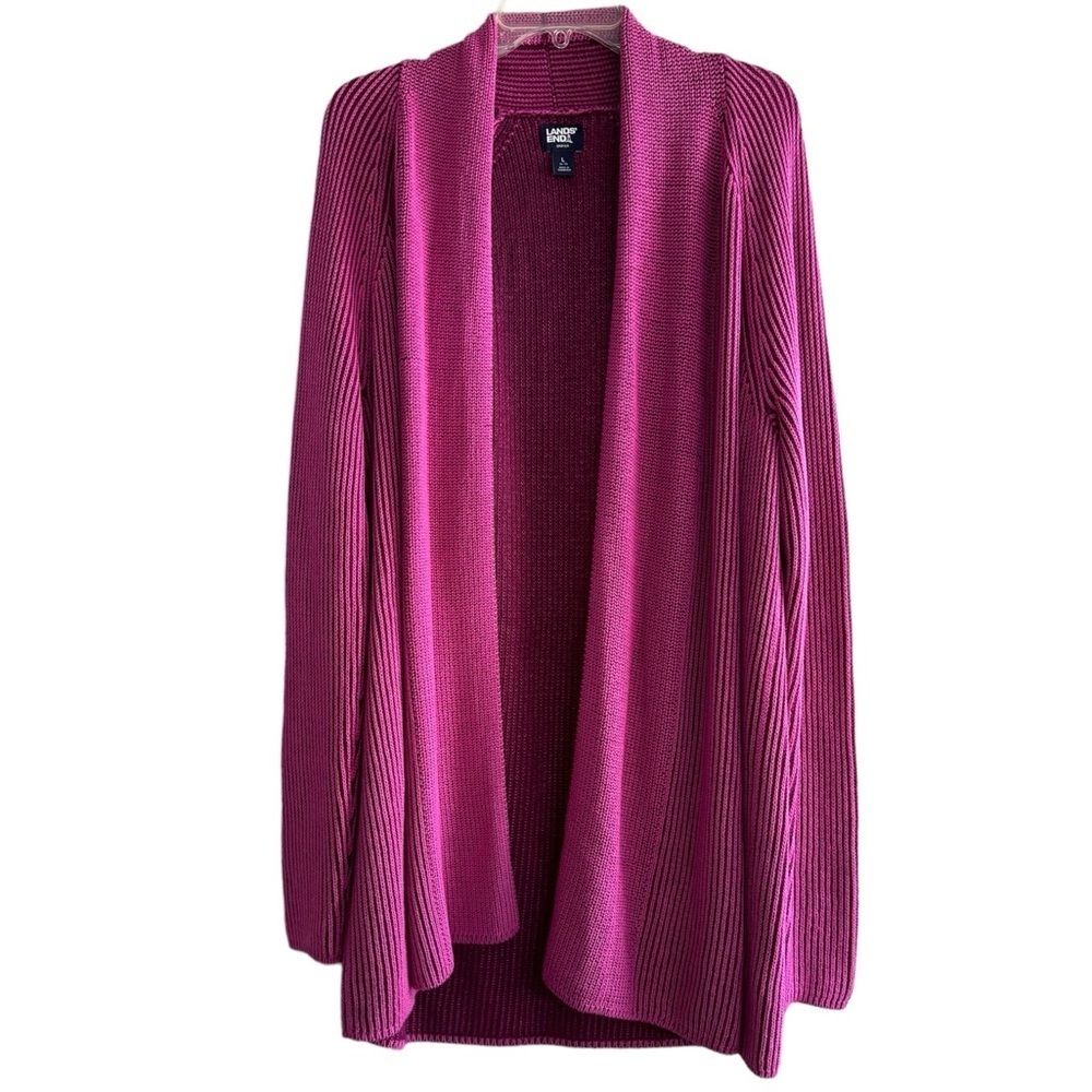Lands End Women’s Size L Pink Two Tone Drifter Open Cardigan Sweater Cab…